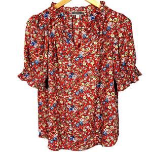 Pleione Women's Micro Floral Ruffle Short Sleeve Red Blue Yellow Sz S